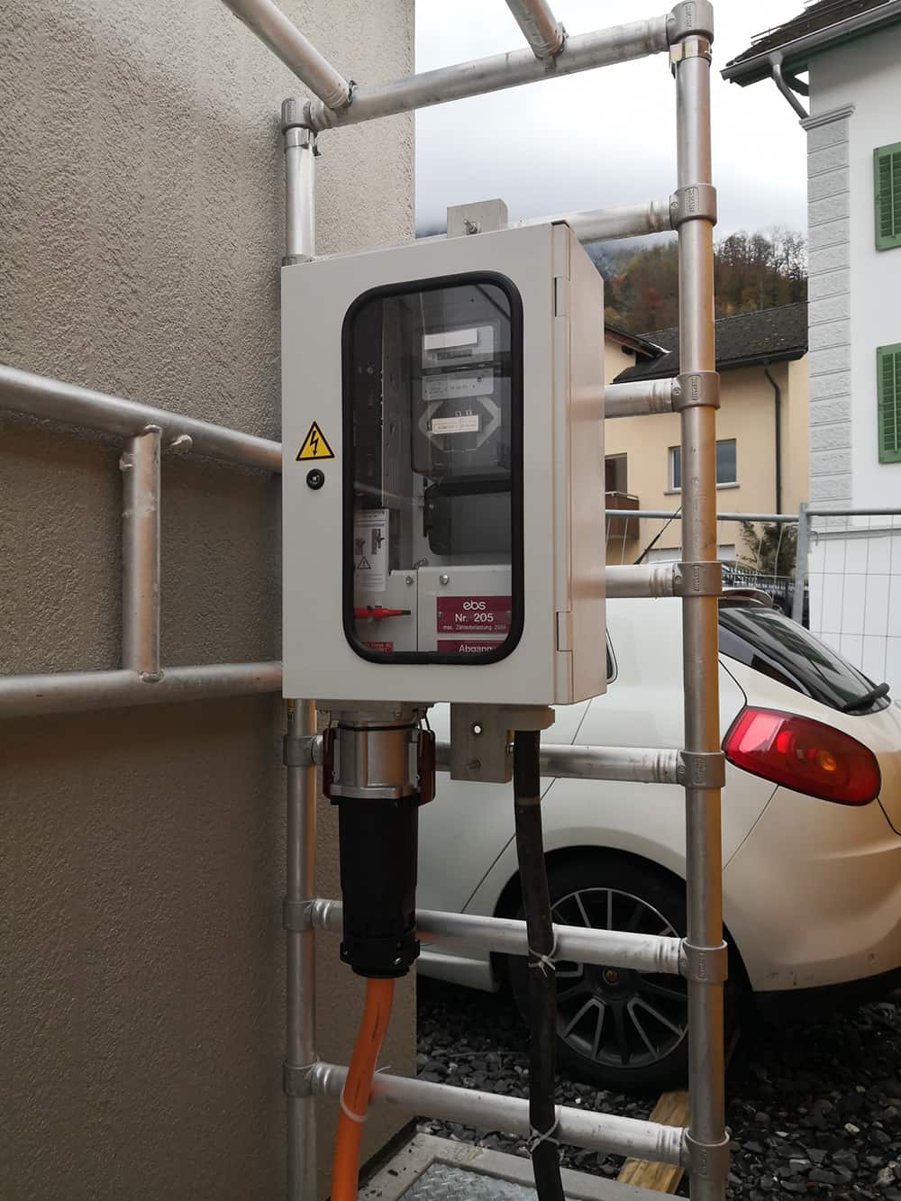 Industrial electrical plug on construction distribution cabinet